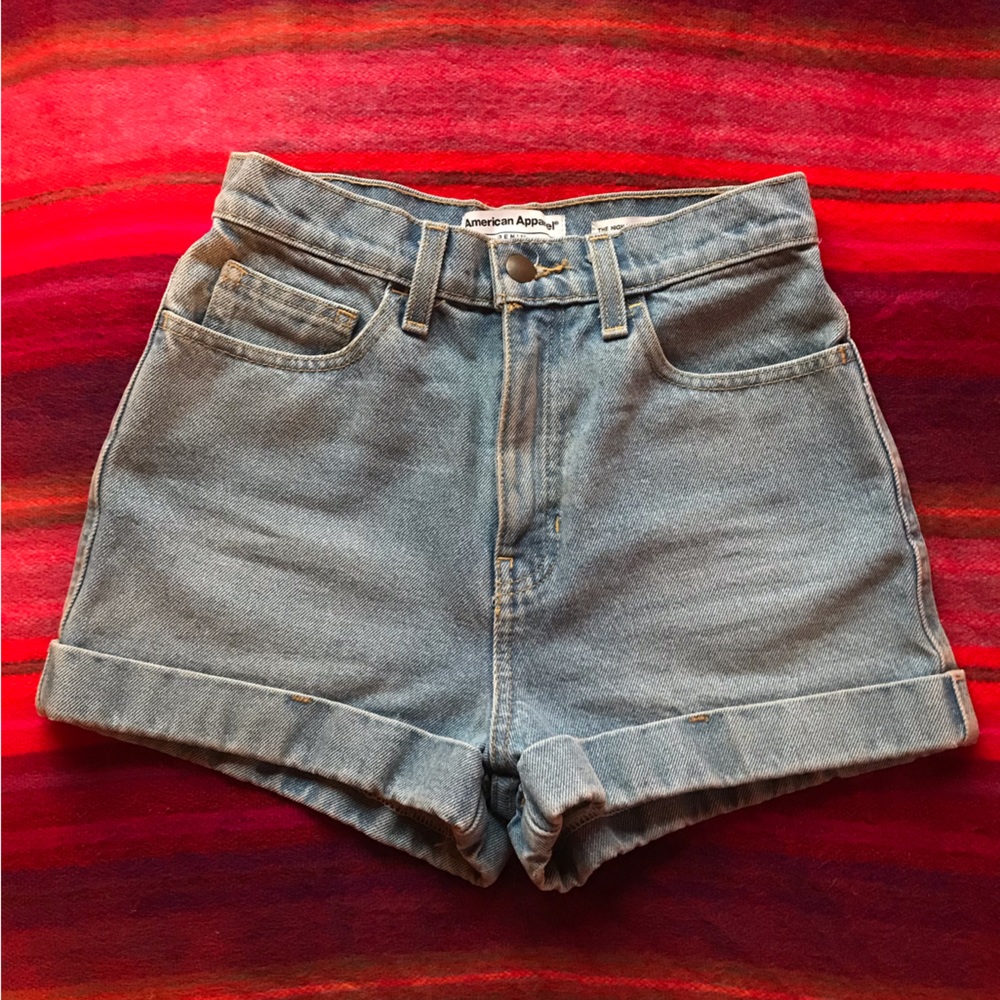American Apparel High Waisted Cuff Short- Light Wash Denim